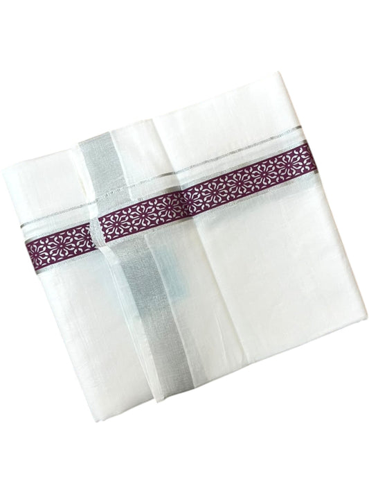 Southloom Pure White Cotton Mundu with Purple and Silver Kasavu Border (South Indian Kerala Dhoti)