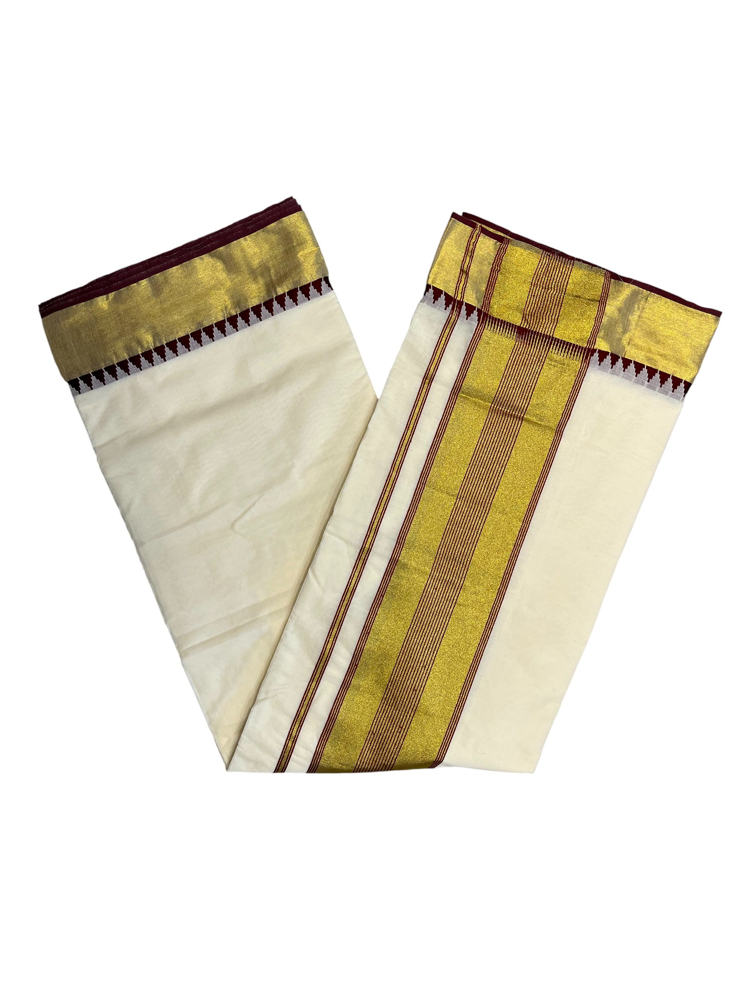 Southloom Pure Cotton Kerala Kasavu Saree with Maroon Temple Border