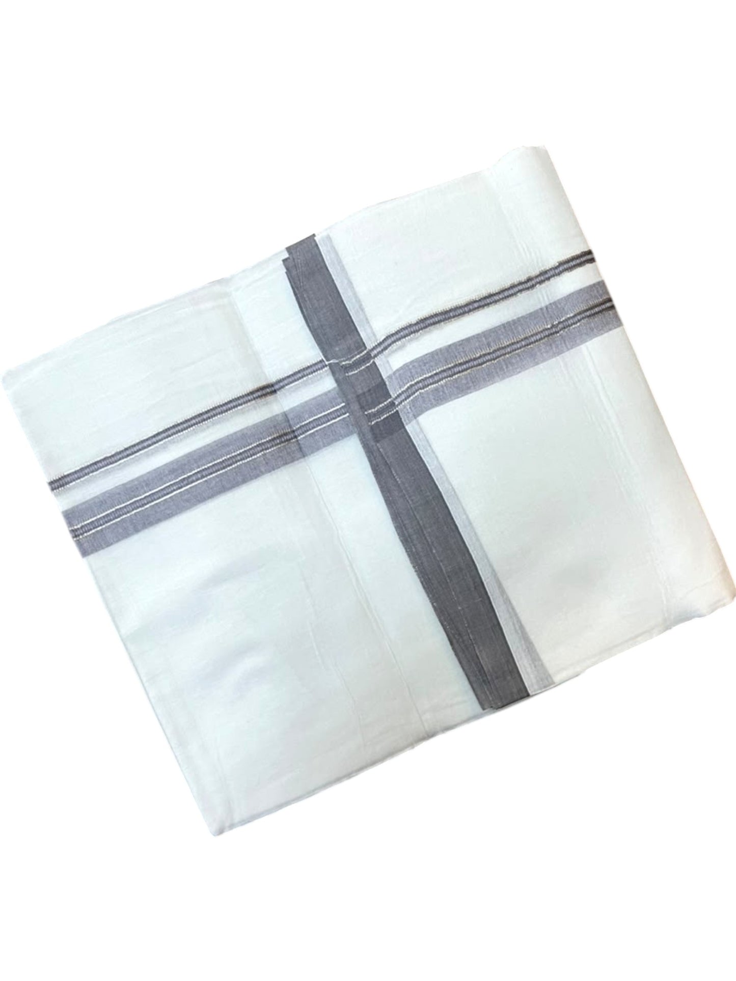 Southloom Pure White Cotton Mundu with Grey & Silver Line Border (South Indian Kerala Dhoti)