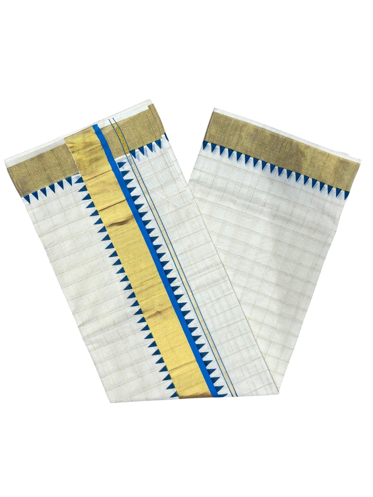 Southloom Cotton Kerala Kasavu Check Saree with Blue Temple Design Border