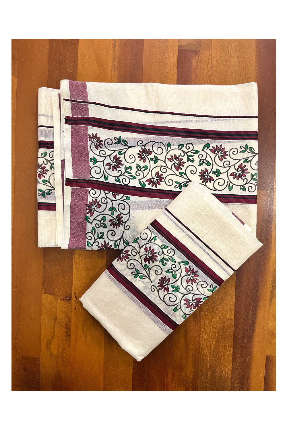 Kerala Cotton Set Mundu Single (Mundum Neriyathum) with Maroon Floral Block Printed Border