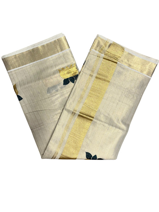 Southloom Kerala Tissue Kasavu Lines Saree with Gold and Green Lotus Embroidery Works