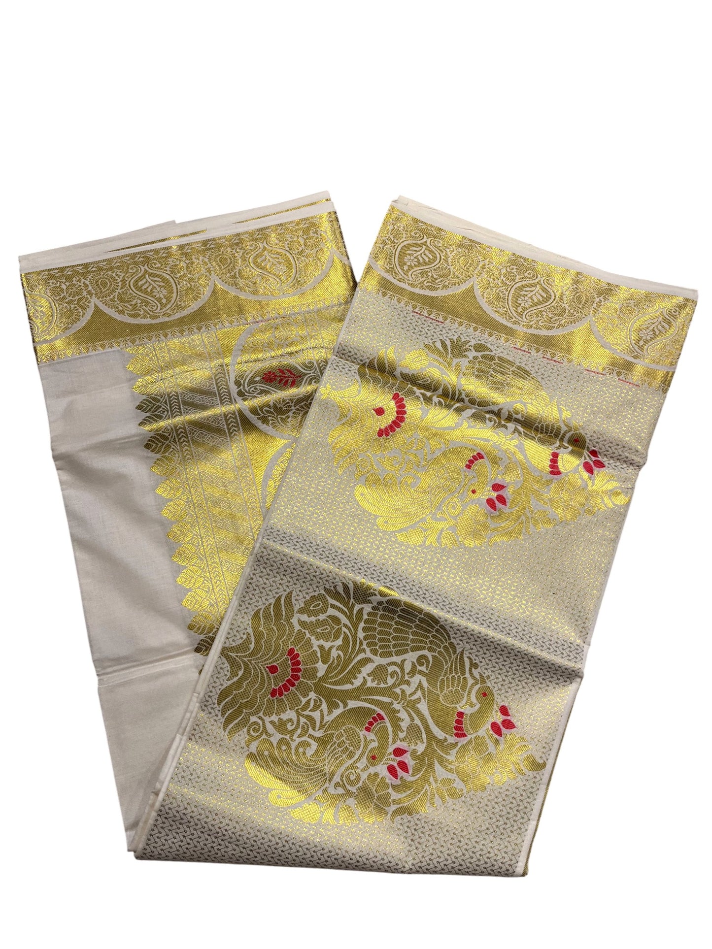 Southloom Cotton Kasavu Replica Saree with Red and Golden Works Across Body and Kasavu Border