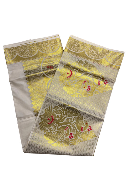 Southloom Cotton Kasavu Replica Saree with Red and Golden Works Across Body and Kasavu Border