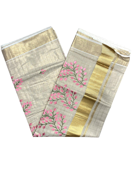 Southloom Tissue Kerala Kasavu Check Saree with Floral Embroidery Design