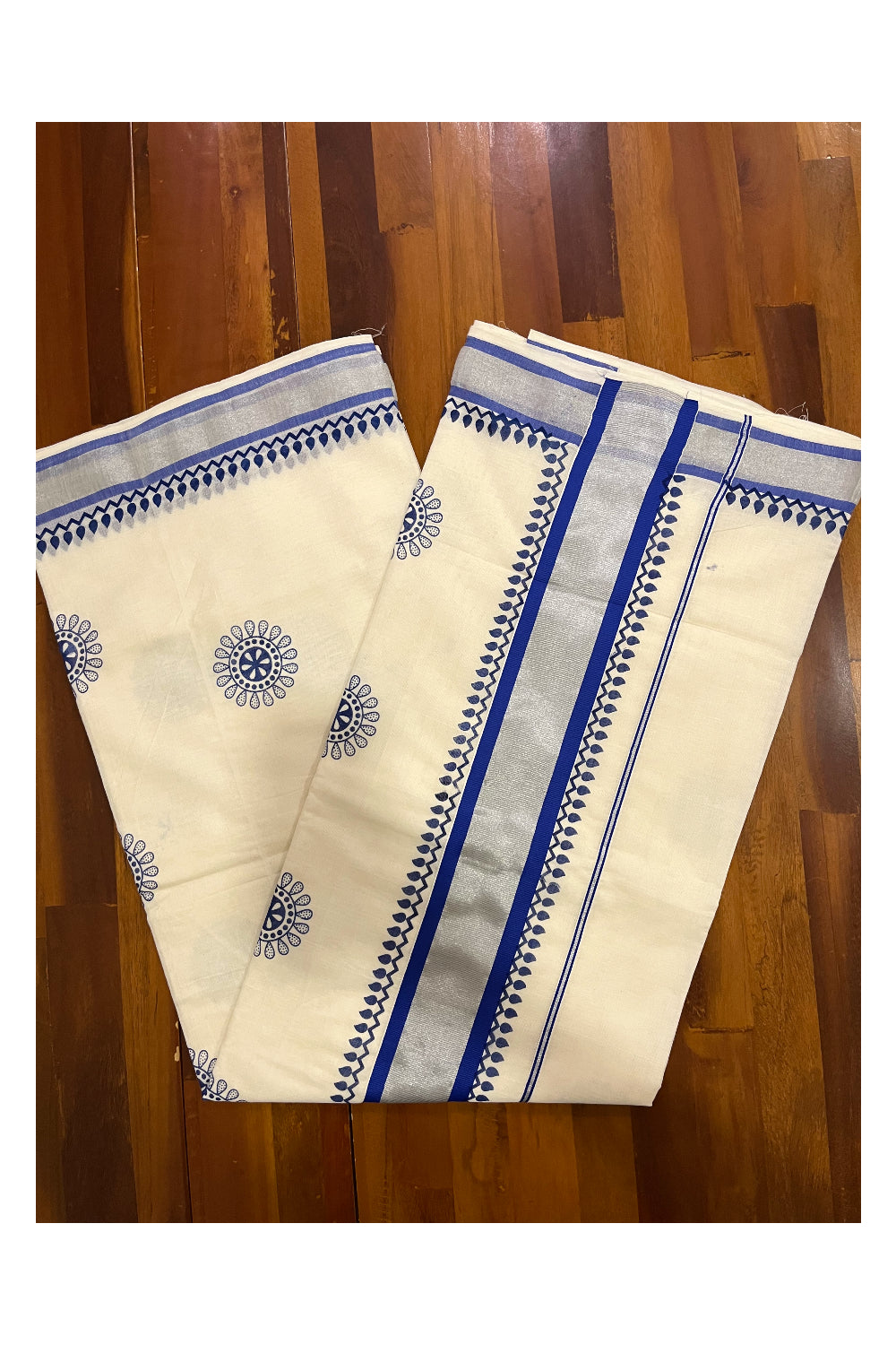 Kerala Pure Cotton Saree with Blue Block Prints and Silver Kasavu Border