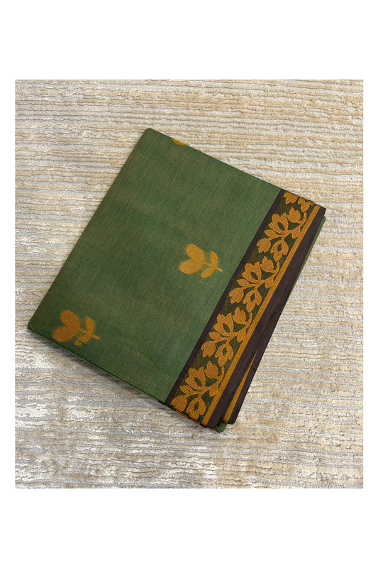 Southloom Kerala Cotton Saree with Floral Woven Works Across Body in Green