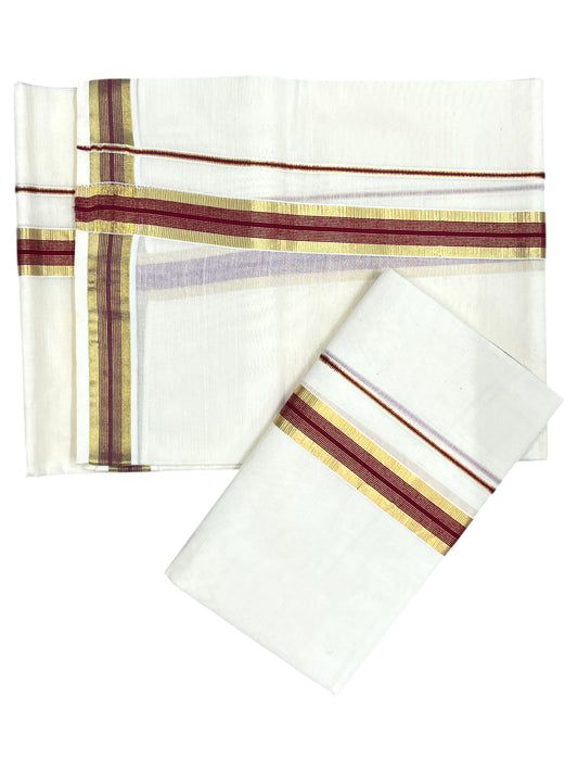 Southloom Pure Cotton Kerala Single Set Mundu (Mundum Neriyathum) with Maroon and Kasavu Border 2.80 Mtrs SLKK SL523