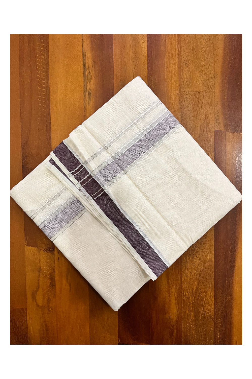 Pure Cotton Kerala Double Mundu with Silver Kasavu and Brown Border (South Indian Kerala Dhoti)