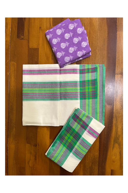 Southloom Mulloth Soft Cotton Green Magenta Border Set Mundu with Jaipur Printed Blouse Piece (2.60 M Neriyathu / Blouse 1 Meter)