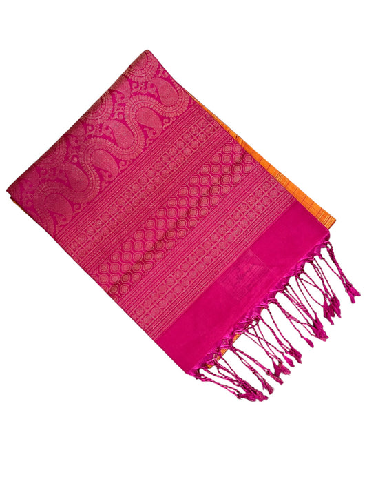 Southloom Pure Handloom Kanchipuram Silk Saree with Korvai Work (Orange & Magenta)