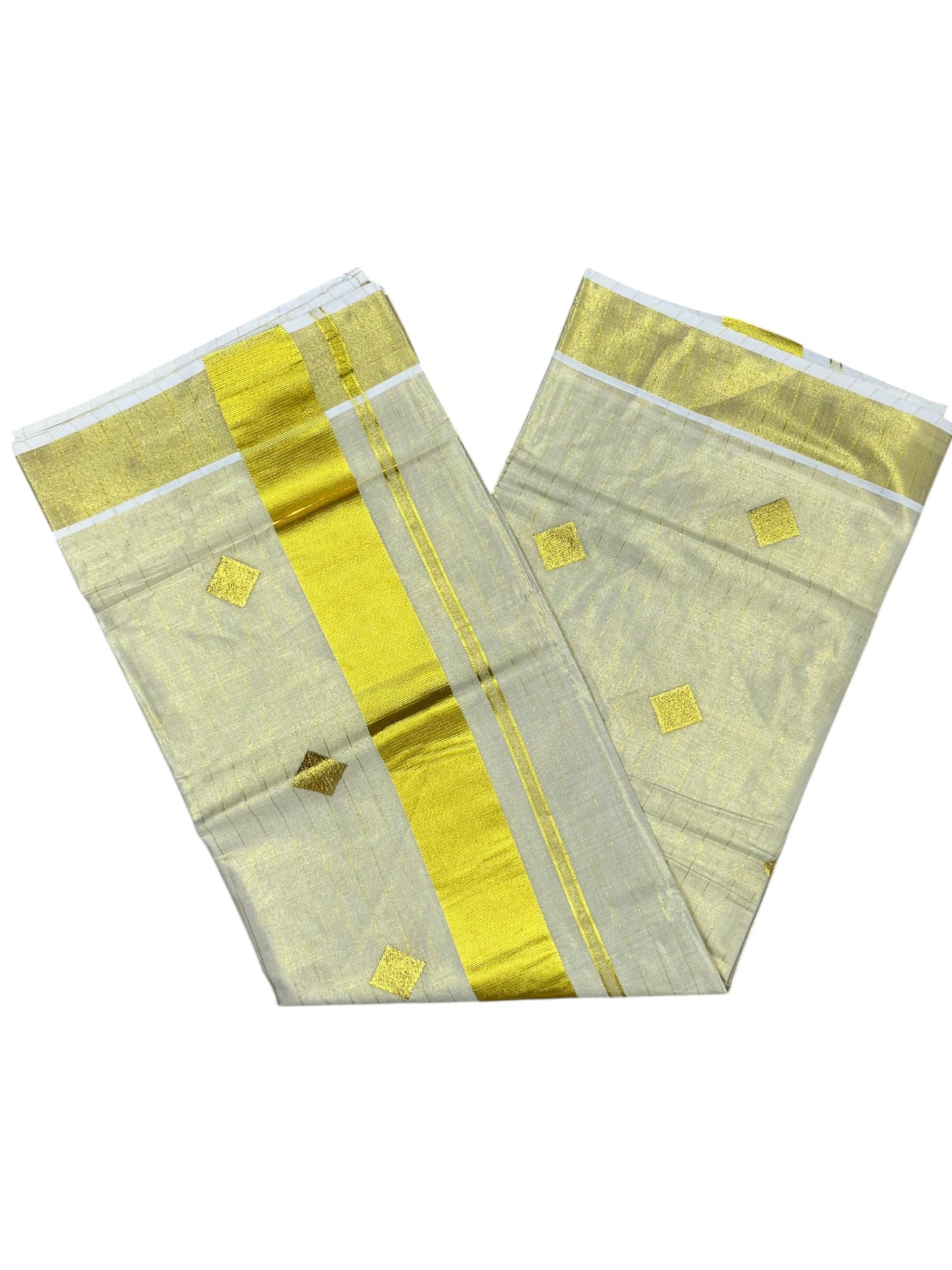 Southloom Kerala Tissue Kasavu Striped Saree with  Diagonal Woven Designs in Golden Body Work