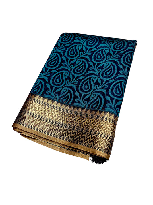 Southloom Cotton Banarasi Silk Saree with Woven Work on Body and Borders(Blue)