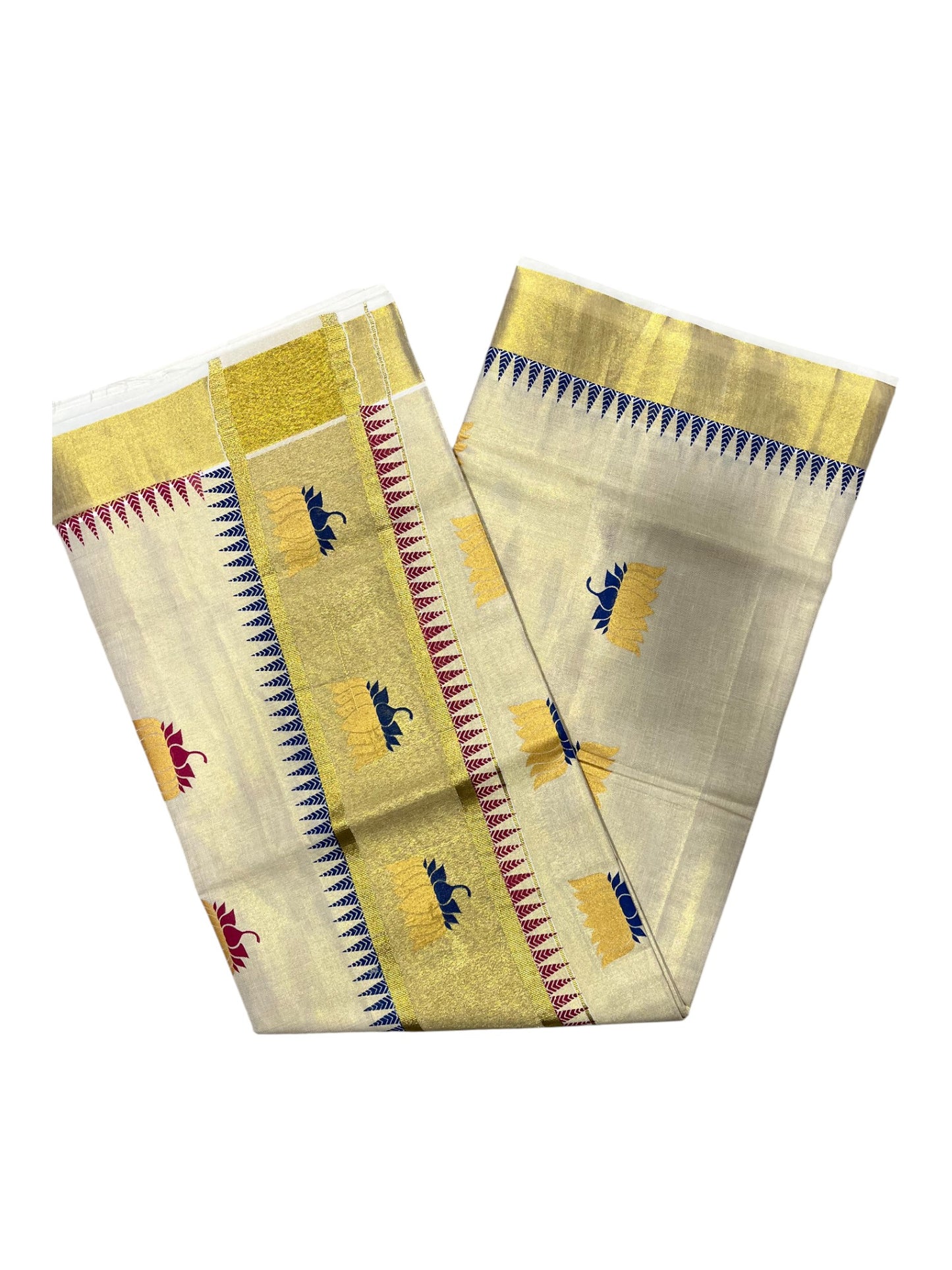 Southloom Kerala Tissue Kasavu Saree with Lotus Hand Printed Work in Blue&Maroon