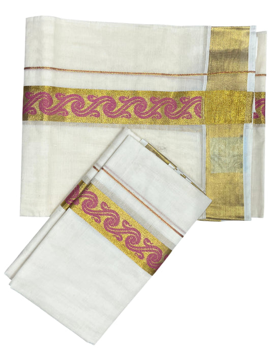 Southloom Kerala Pure Cotton Set mundu  (Mundum Neriyathum) with Pink Block Prints on Kasavu Border-2.80Mtrs SL426