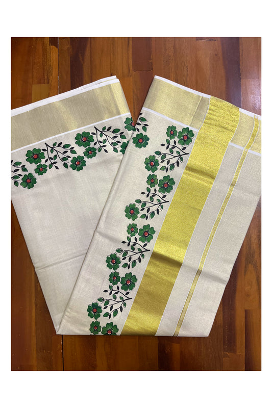 Kerala Tissue Kasavu Saree with Green Floral Block Printed Designs