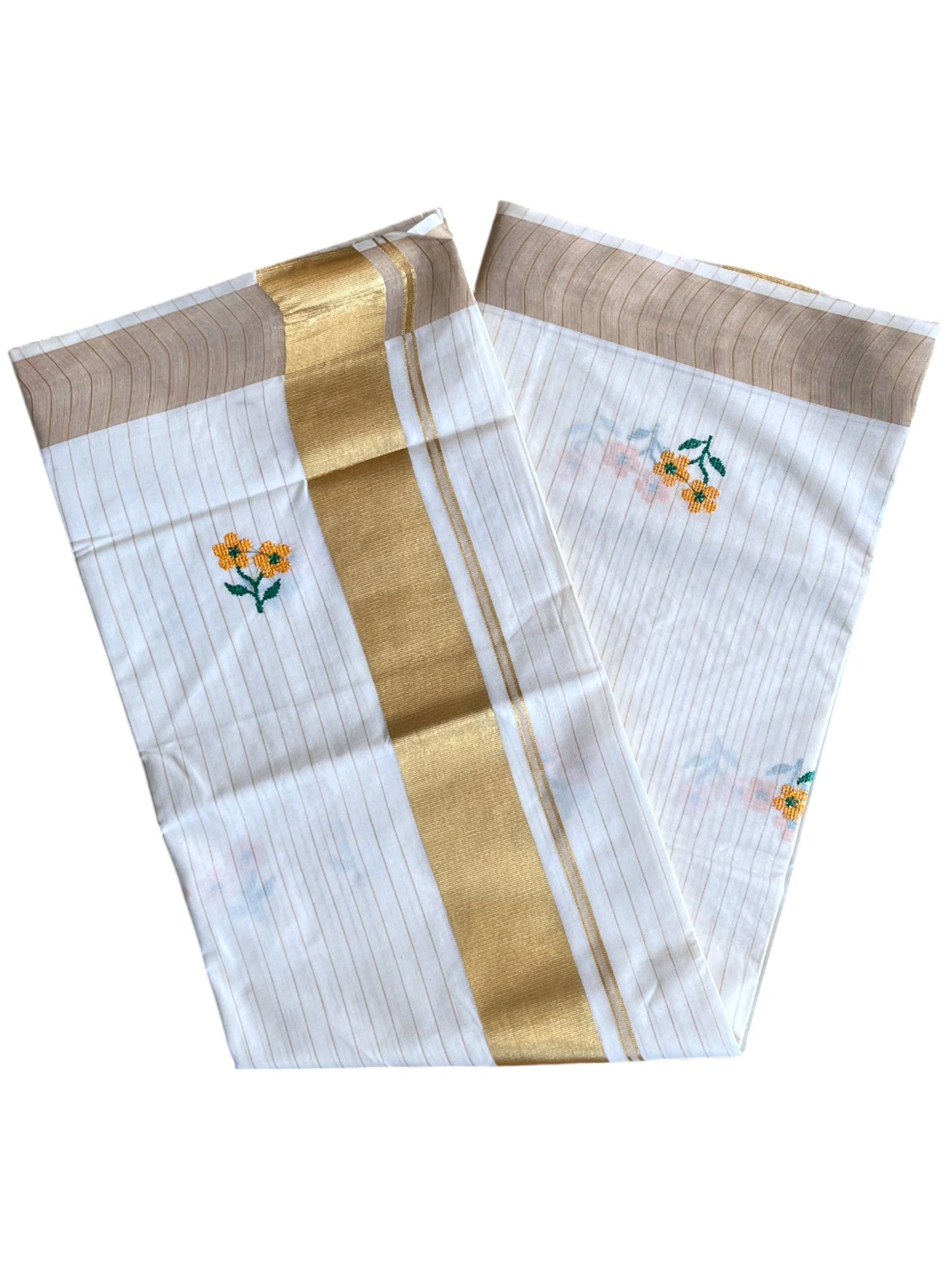 Southloom Kerala Cotton Kasavu Stripes Saree with Yellow Floral Embroidery Work