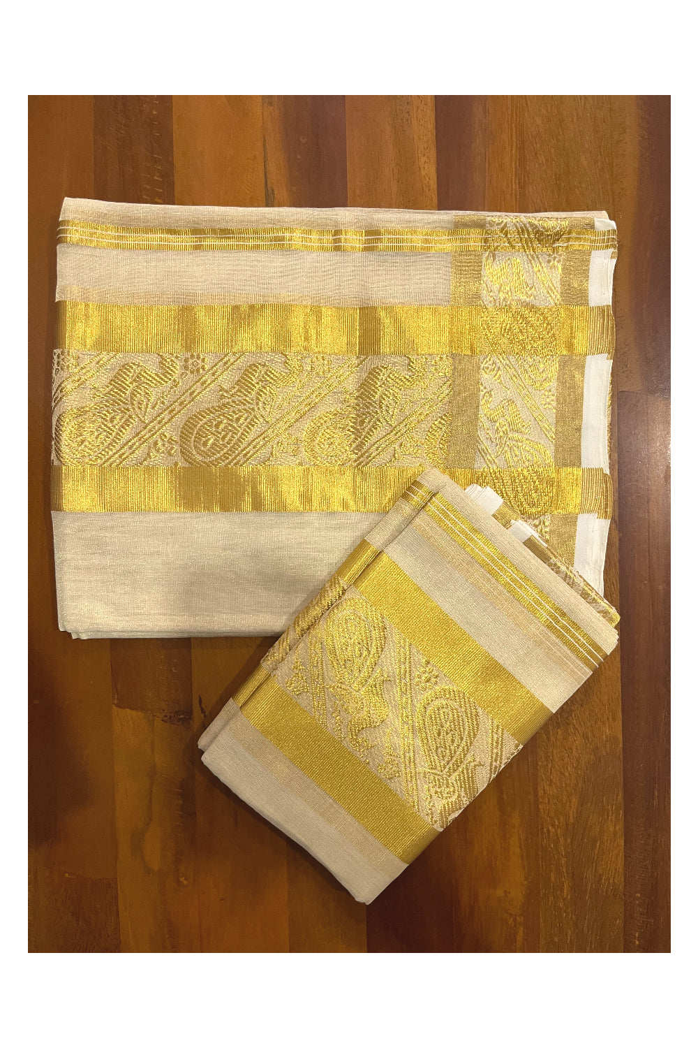 Southloom Premium Handloom Tissue Single Set Mundu with Peacock Kasavu Woven Border