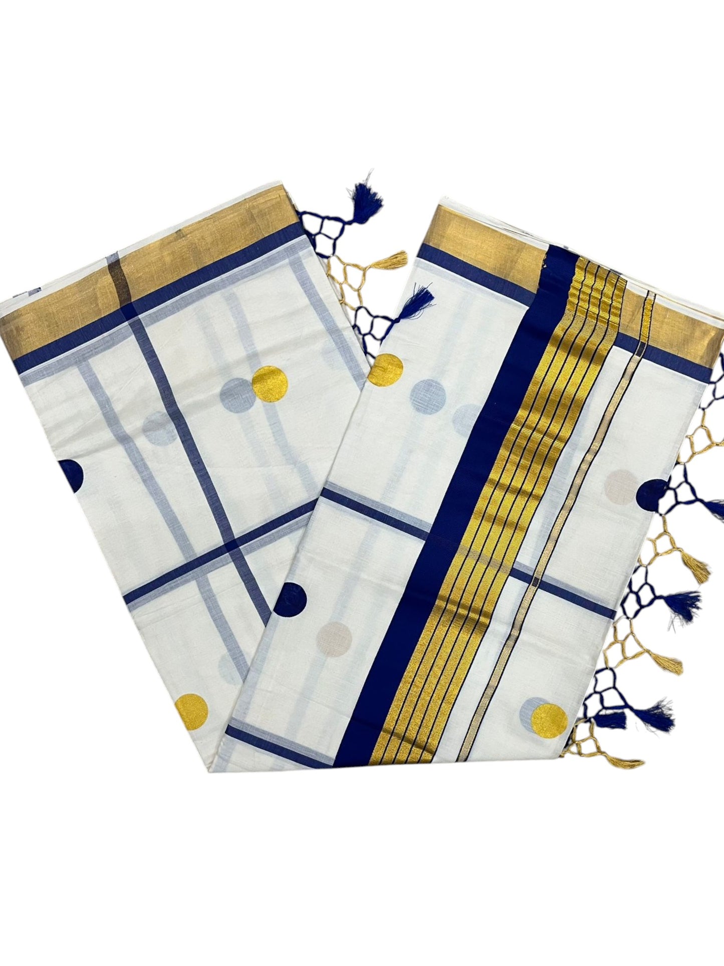 Southloom Kerala Cotton Kasavu Saree with Blue & Gold Polka Works on Body