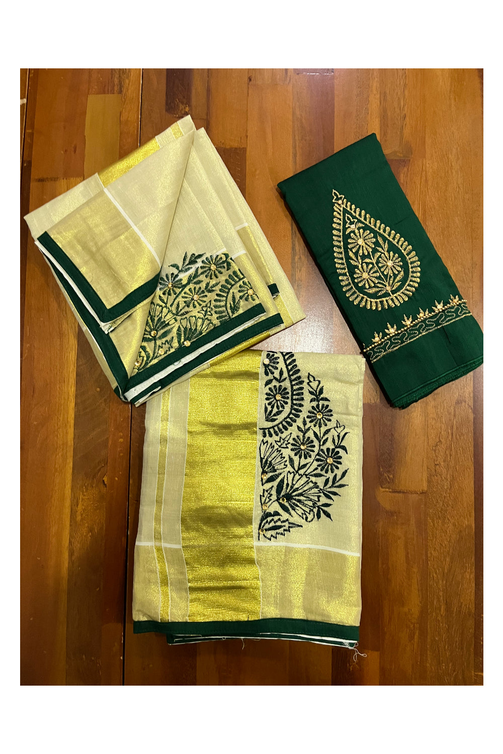 Kerala Tissue Kasavu Set Mundu (Mundum Neriyathum) with Handwork Embroidery Design and Green Blouse Piece