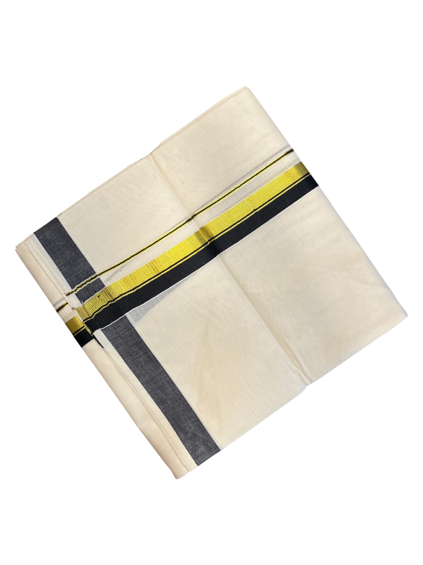 Southloom Pure Cotton  Double Mundu With Gold Kasavu &  Black Border (South Indian Kerala Dhoti)