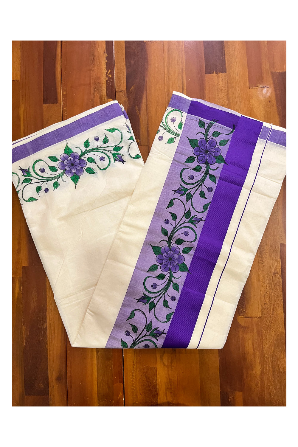 Pure Cotton Kerala Saree with Floral Block Printed Violet Border