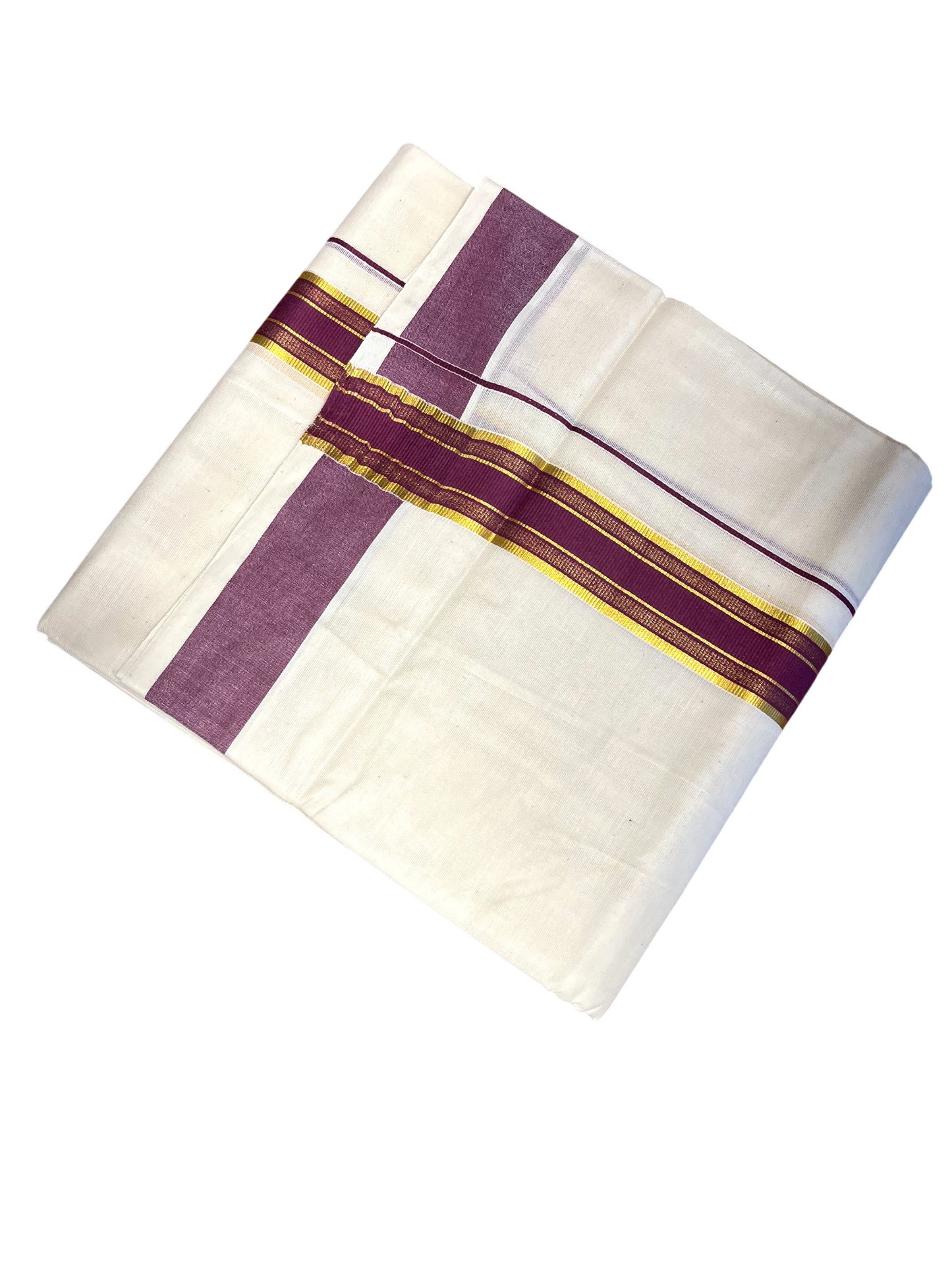 Southloom Kerala Pure Cotton Double Mundu with Gold Lines & Purple Border (South Indian Dhoti)