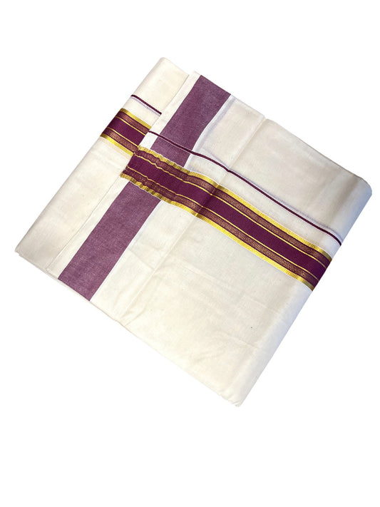 Southloom Kerala Pure Cotton Double Mundu with Gold Lines & Purple Border (South Indian Dhoti)