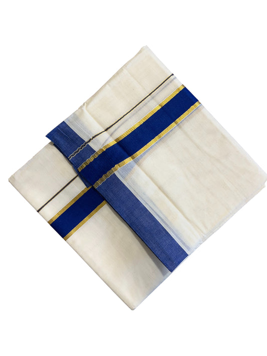 Southloom Pure Cotton Mundu with Gold Kasavu and Blue Colour Border (South Indian Kerala Dhoti)