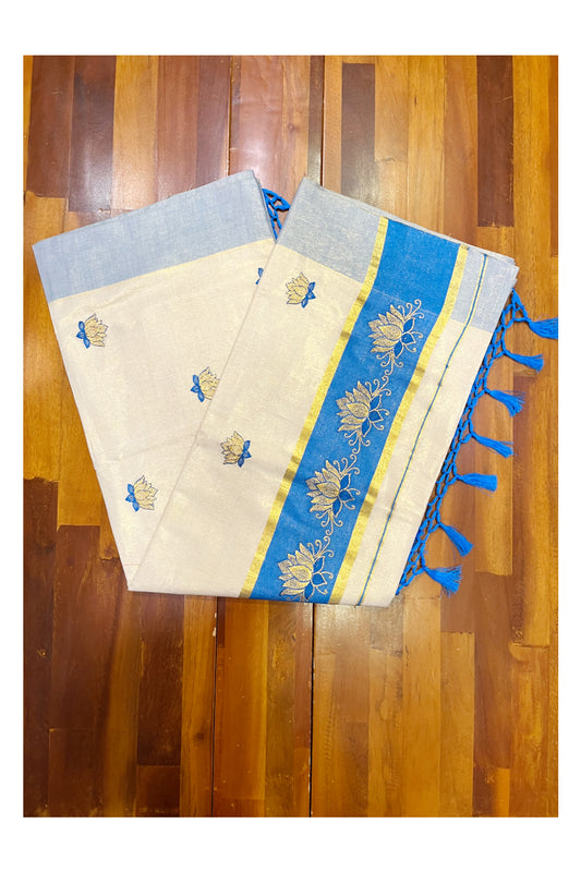 Southloom Kerala Tissue Kasavu Saree with Blue And Golden Lotus Embroidary Designs on Body