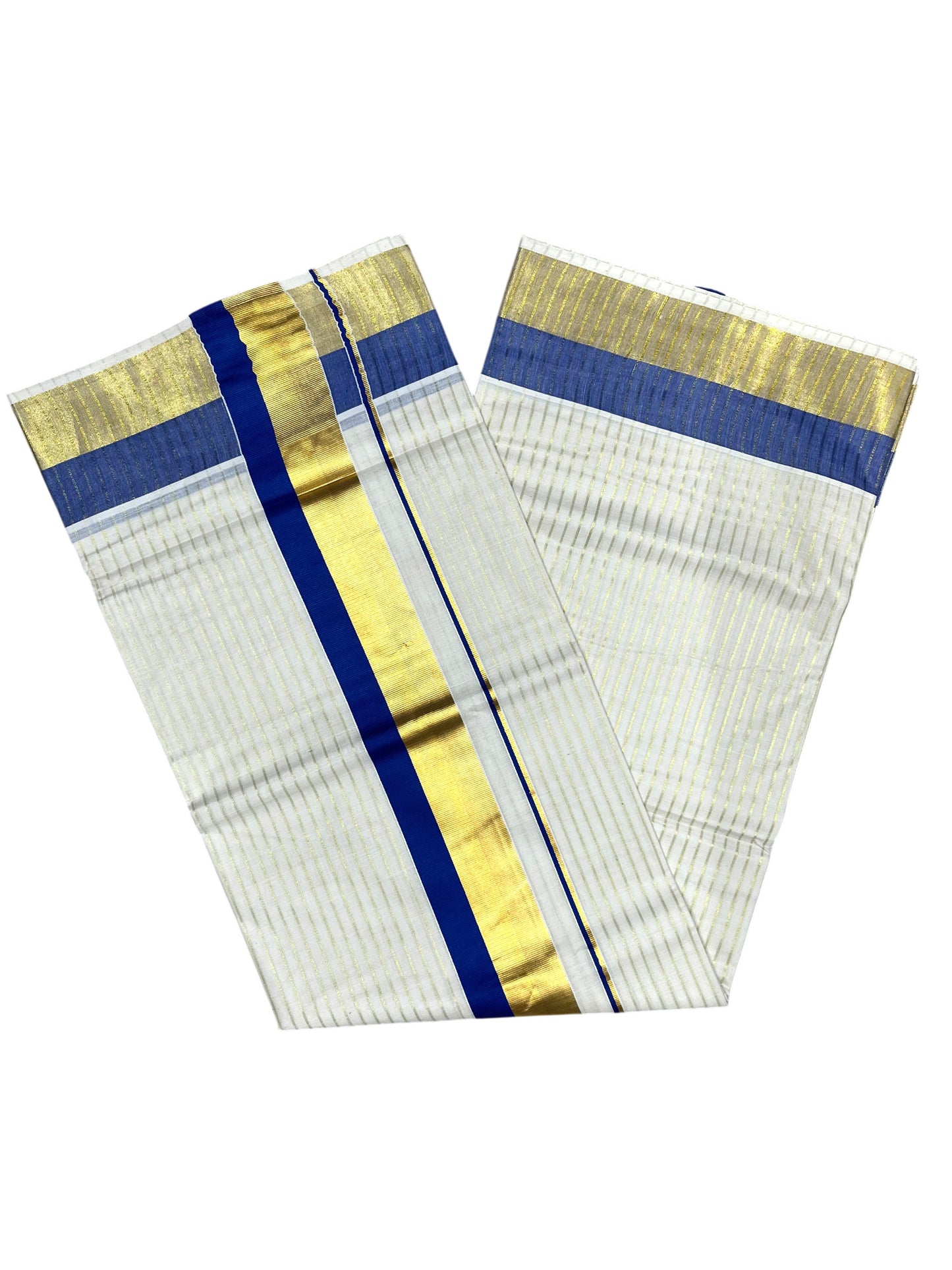 Southloom Pure Cotton Kerala Saree with Gold Kasavu Lines Across Body and  Blue Border