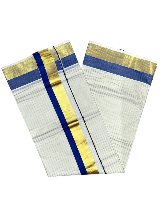 Southloom Pure Cotton Kerala Saree with Gold Kasavu Lines Across Body and  Blue Border