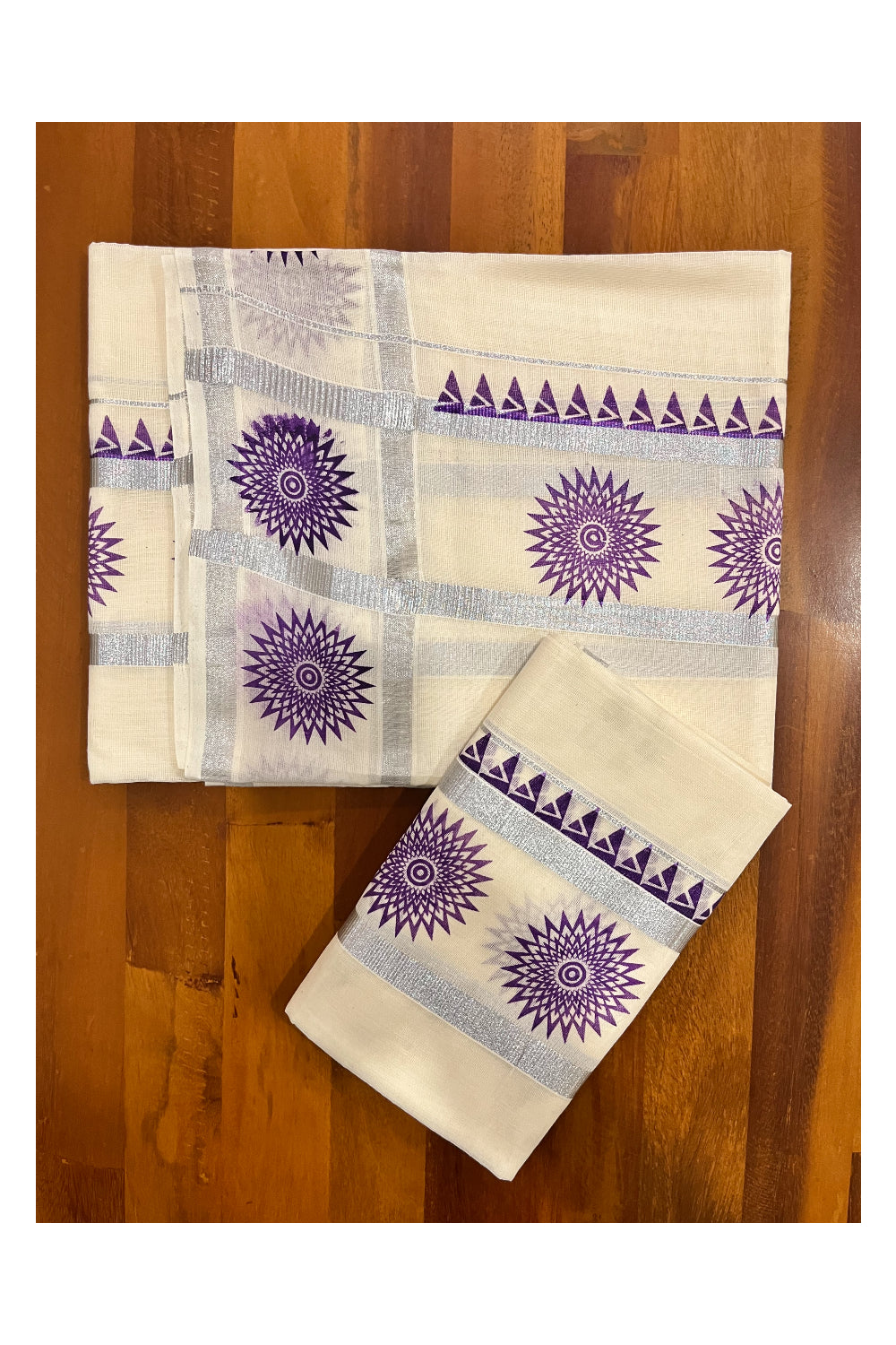 Kerala Pure Cotton Set Mundu Single (Mundum Neriyathum) with Violet Temple Block Prints on Silver Kasavu Border