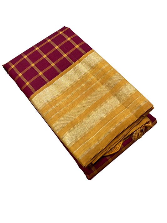 Southloom Premium Handloom Bridal Kanchipuram Silk Saree with Check Design (Maroon & Yellow )