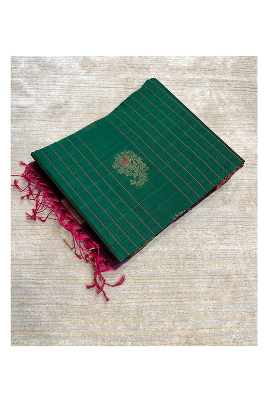 Southloom Pure Handloom Cotton Silk Saree With Handwoven Work Across Body and Blouse in Green And Magenta