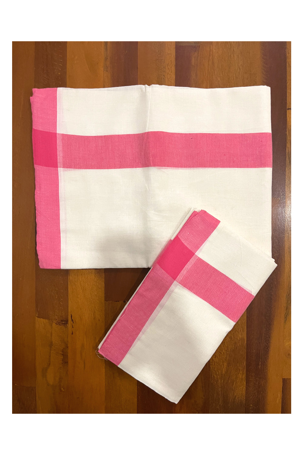 Kerala Cotton Mulloth Single Set Mundu (Mundum Neriyathum) with Pink Border (Extra Soft Cotton)