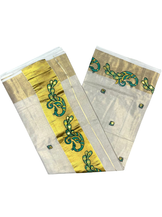 Southloom Kerala Tissue Kasavu Saree with Green Peacock Embroidery Design