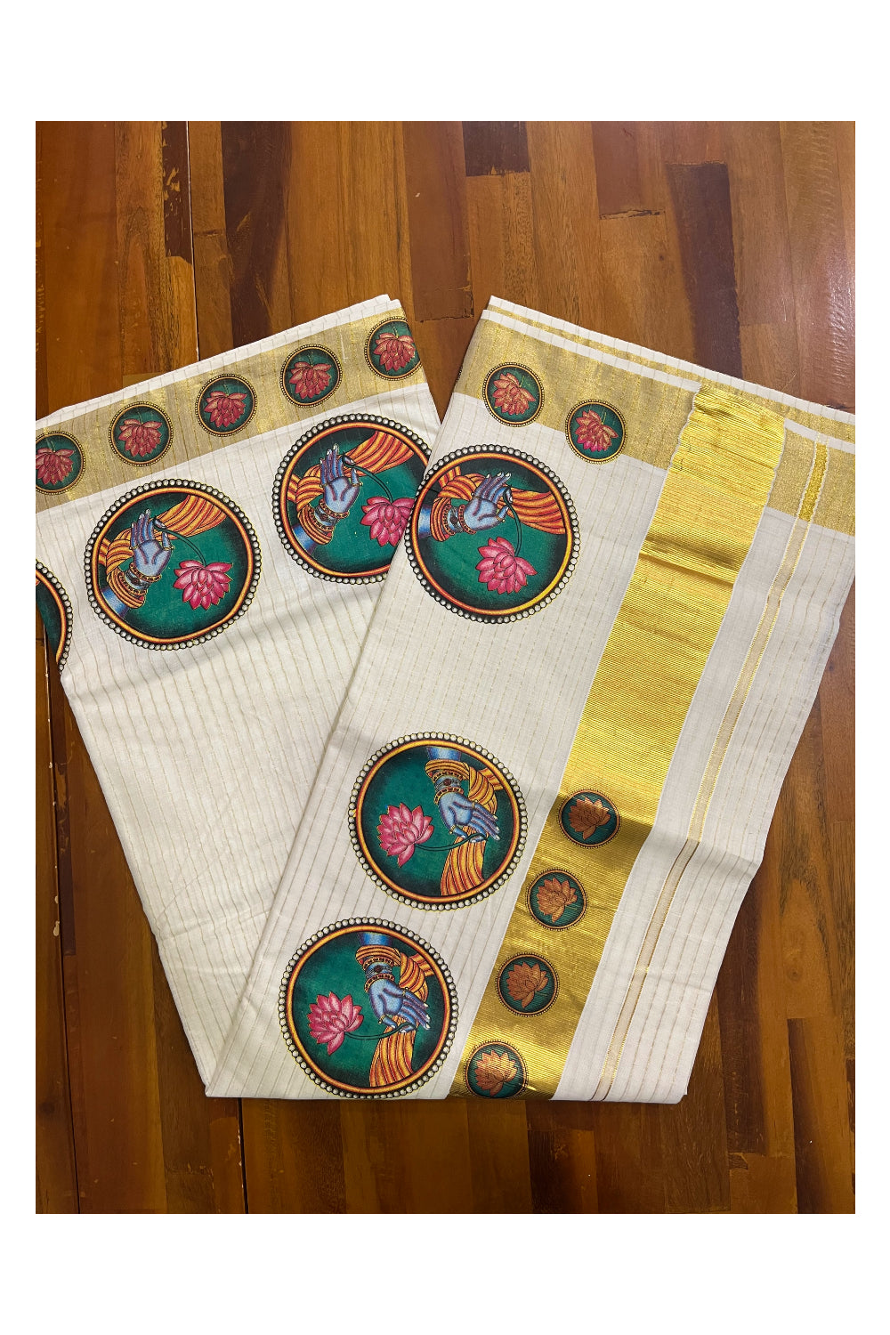 Pure Cotton Kerala Saree with Kasavu Lines Across Body and Lotus Mural Prints on Border