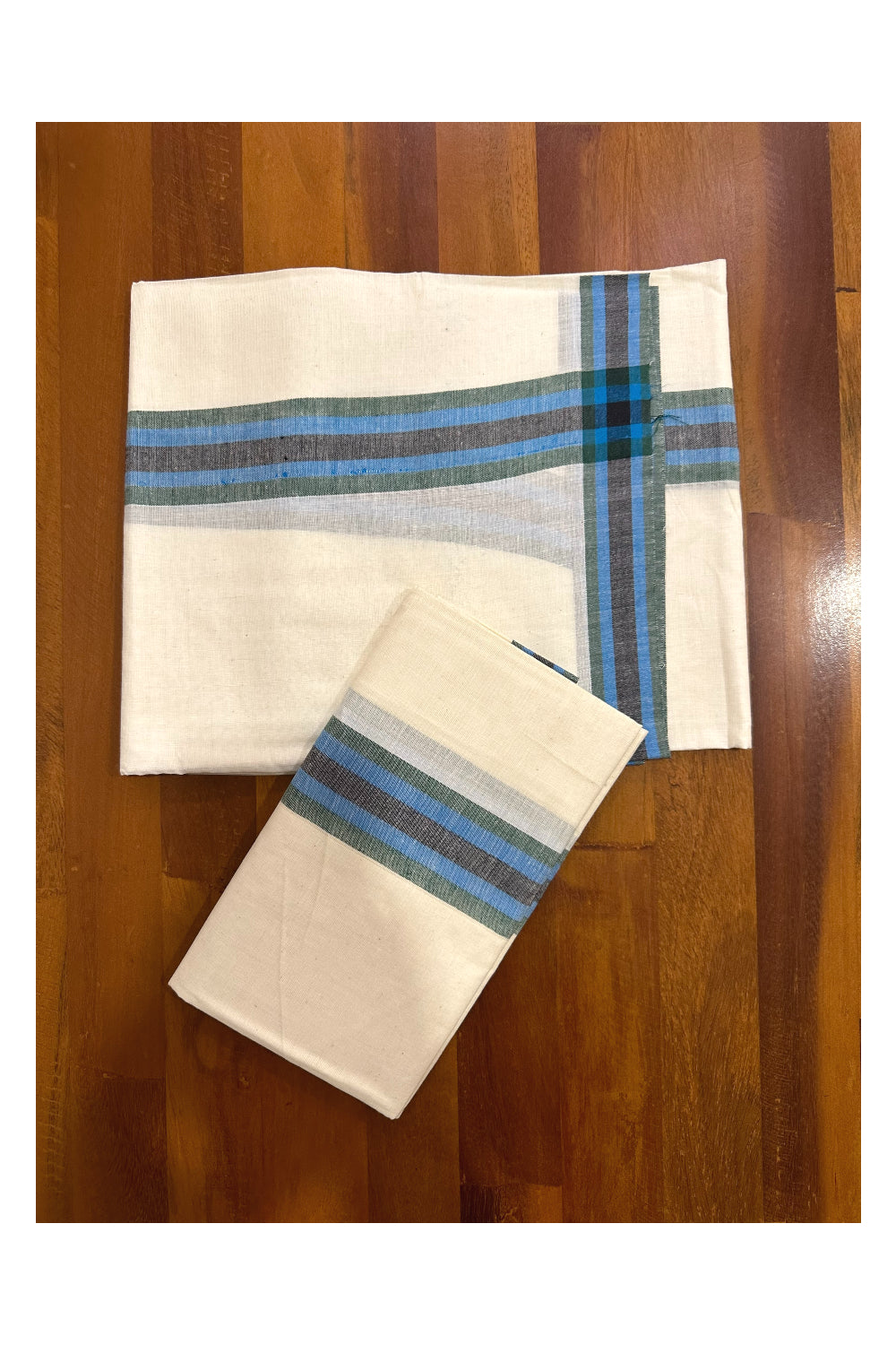 Kerala Mulloth Soft Cotton Mundum Neriyathum Single with Blue Green Black Border (Onam Set Mundu 2023)