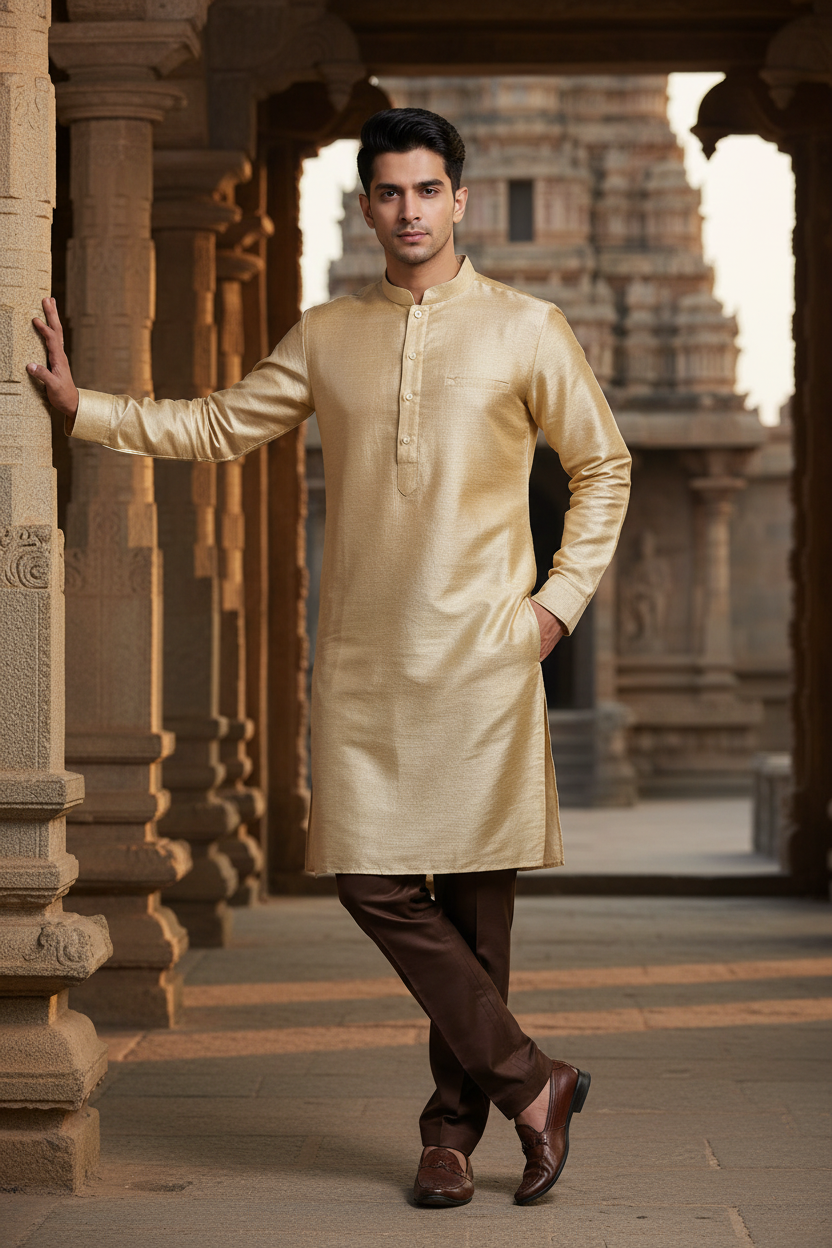 Southloom Beige Woven Patterns Semi Silk Short Kurta for Men