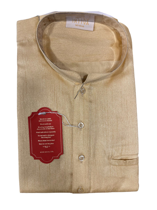 Southloom Beige Woven Patterns Semi Silk Short Kurta for Men