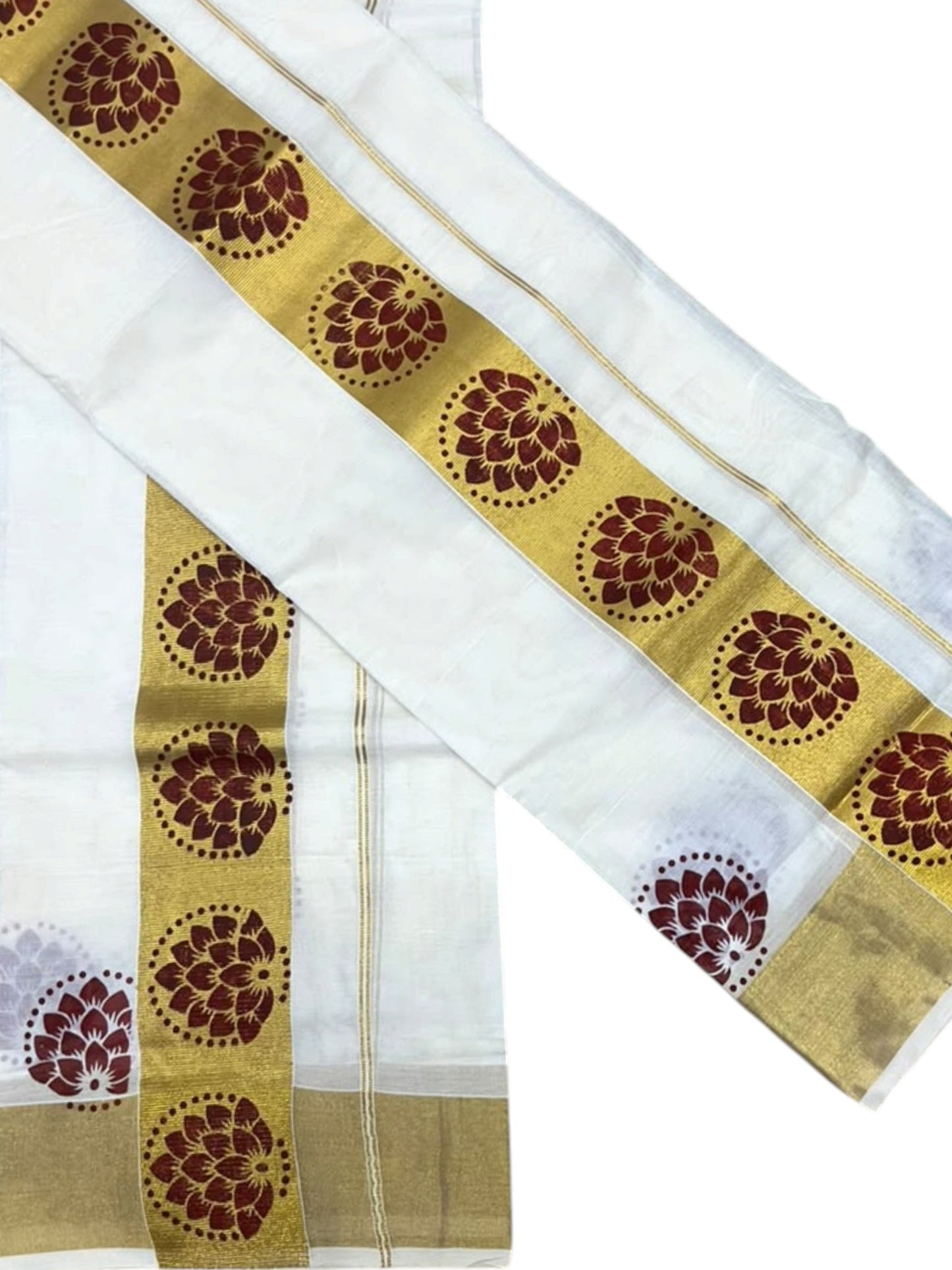 Southloom Pure Cotton Set Mundu with Gold Kasavu and Maroon Floral Digital Print in 2.80 Mtrs SL383