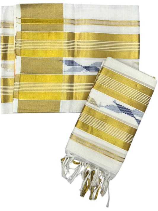 Southloom Premium Cotton Handloom Set Mundu with Kasavu With Blue and Golden Border (2.80 Mtr) SL617