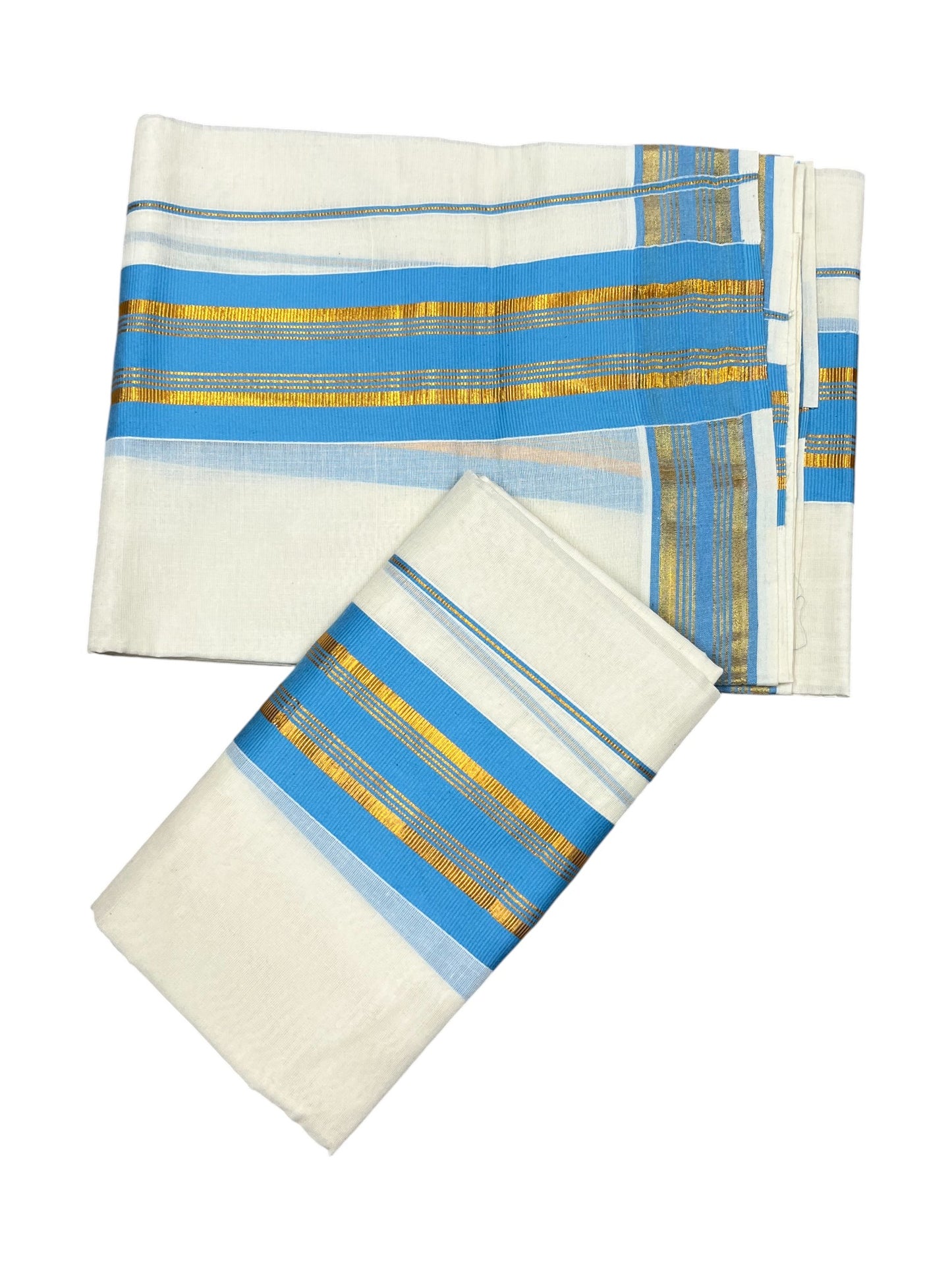 Kerala Cotton Kasavu Single Set Mundu (Mundum Neriyathum) with Blue Kasavu Border in 2.80 Mtrs