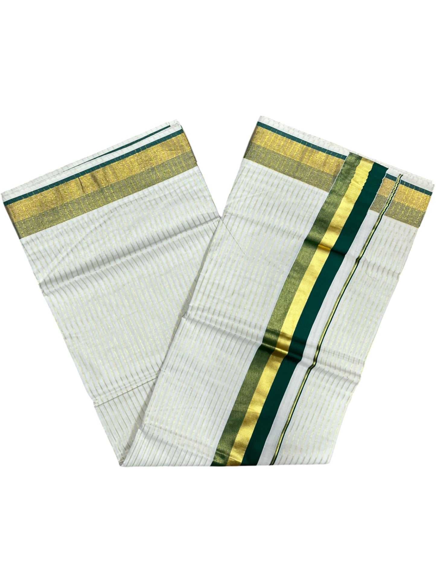 Southloom Pure Cotton Kerala Kasavu Lines Saree with Green and Kasavu Border