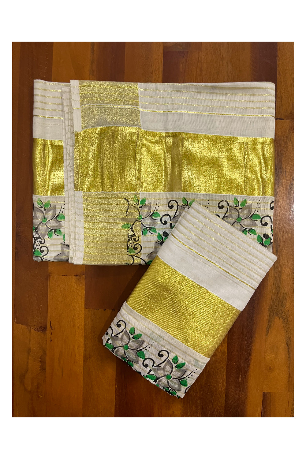 Kerala Cotton Set Mundu (Mundum Neriyathum) with Kasavu Lines Design on Body and Grey Block Printed Border 2.80 Mtrs (Onam Set Mundu 2023)