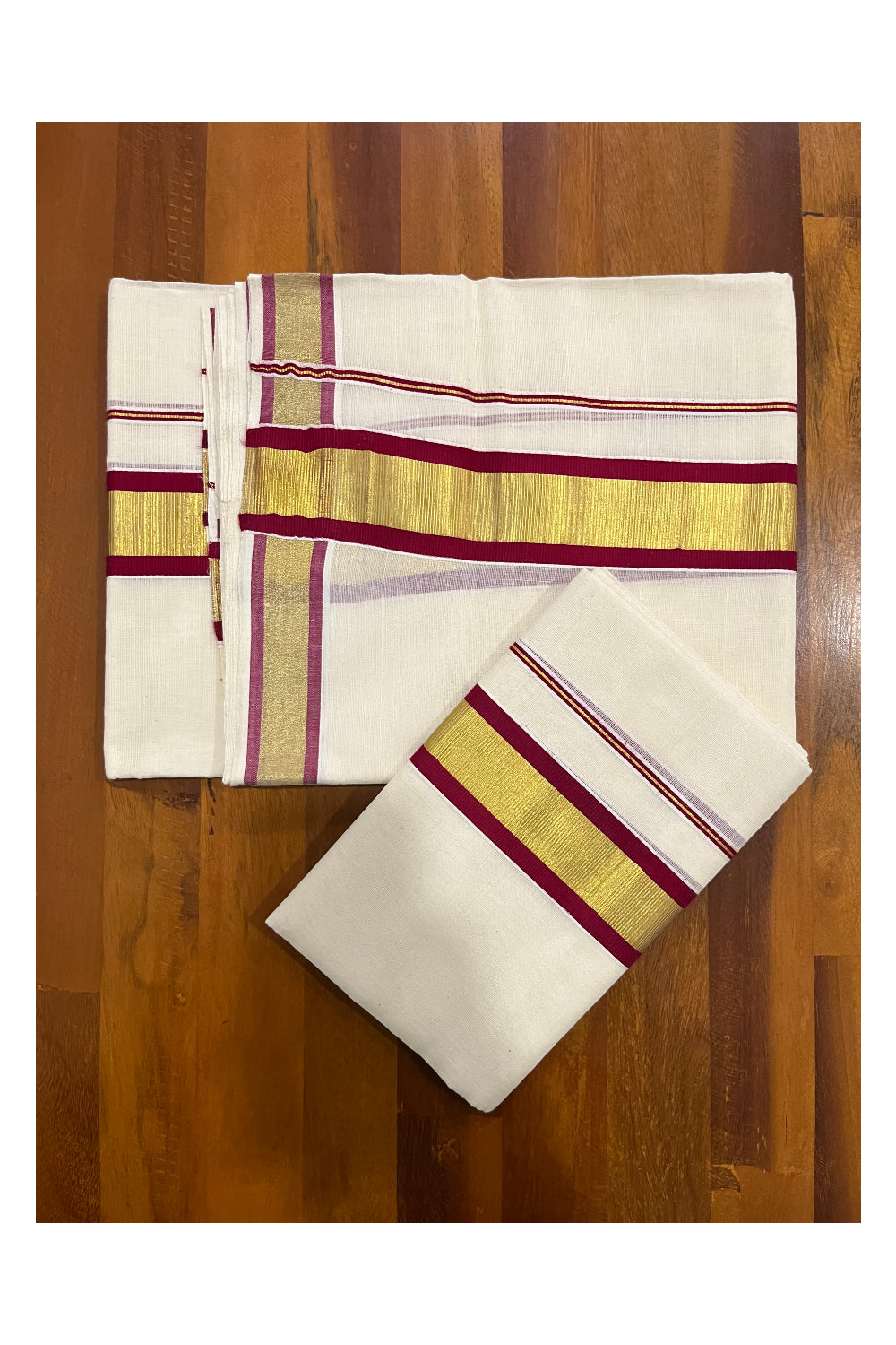 Pure Cotton Mundum Neriyathum Double (Set Mundu) with Maroon and Kasavu Border 2.80 Mtrs