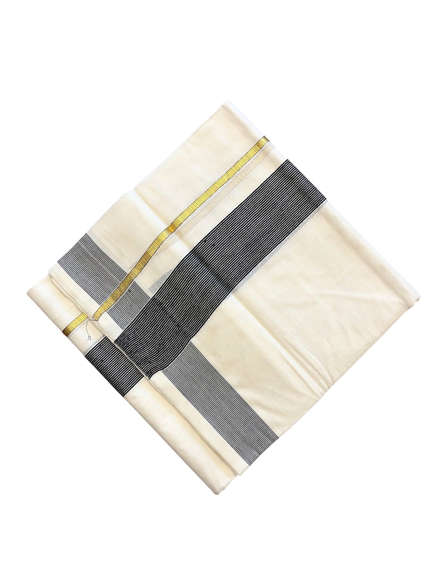 Southloom Kerala Pure Cotton Double Mundu with Gold Lines & Black Border (South Indian Dhoti)