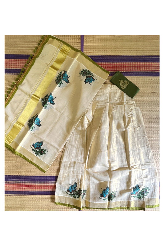 Semi Stitched Dhavani Set with Tissue Block Print Design Pavada and Green Bead Work Blouse Piece