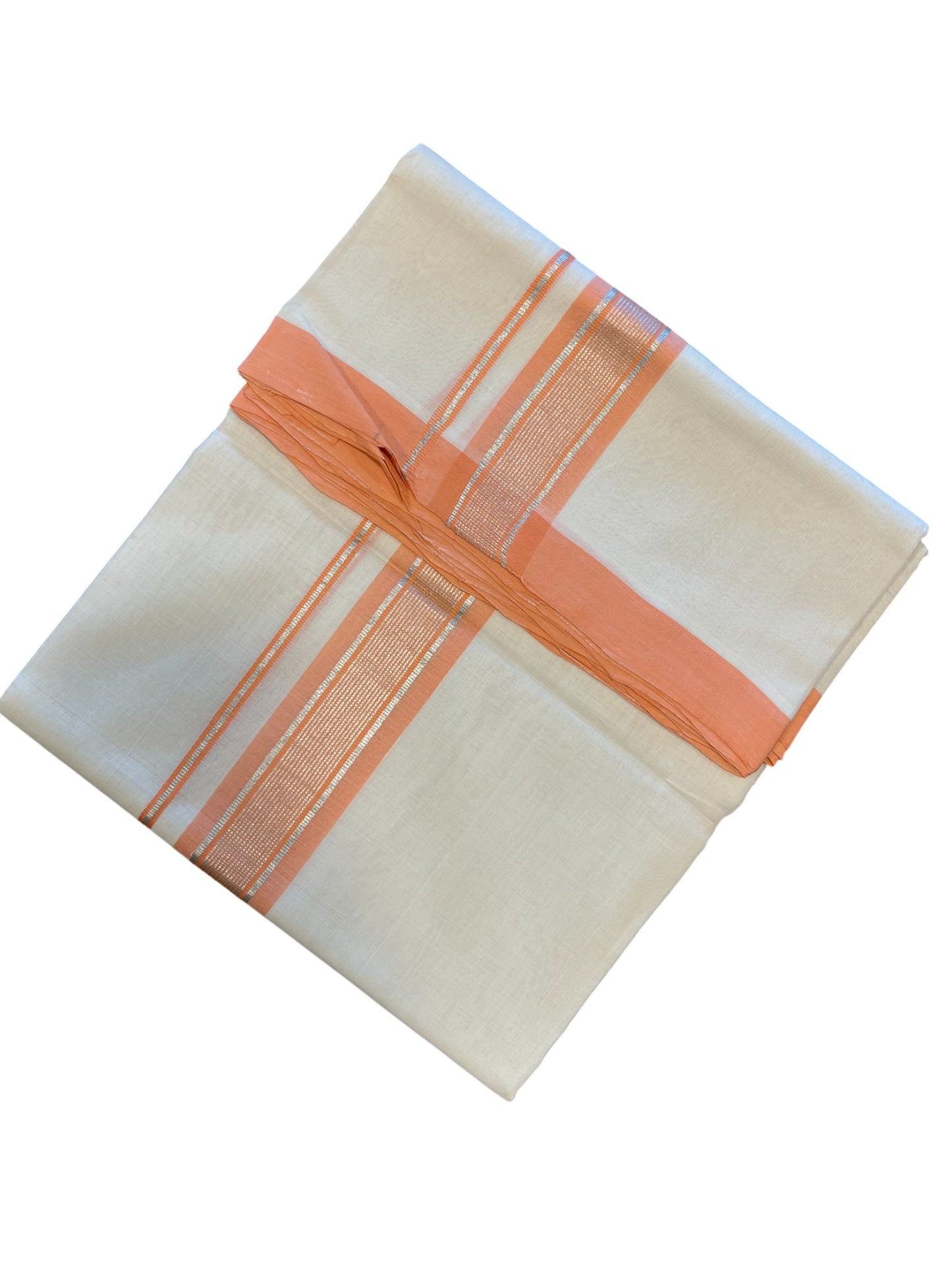 Southloom Premium Handloom Cotton Double Mundu with Silver and Peach Chutti Kara Border